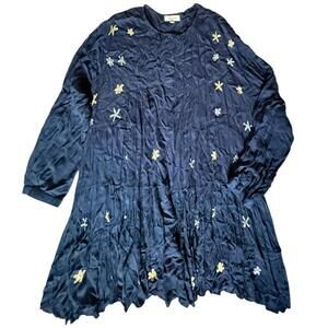 Velzera Navy Blue Embroidered Boho Tunic Dress 3X Flowy Peasant Style